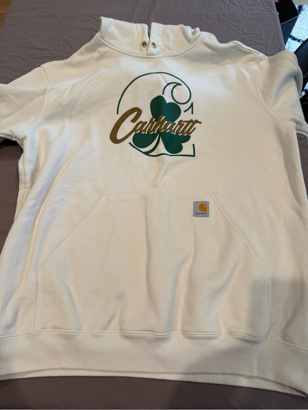 Carhartt Men’s Cream Graphic Hoodie with Green shamrock Accent